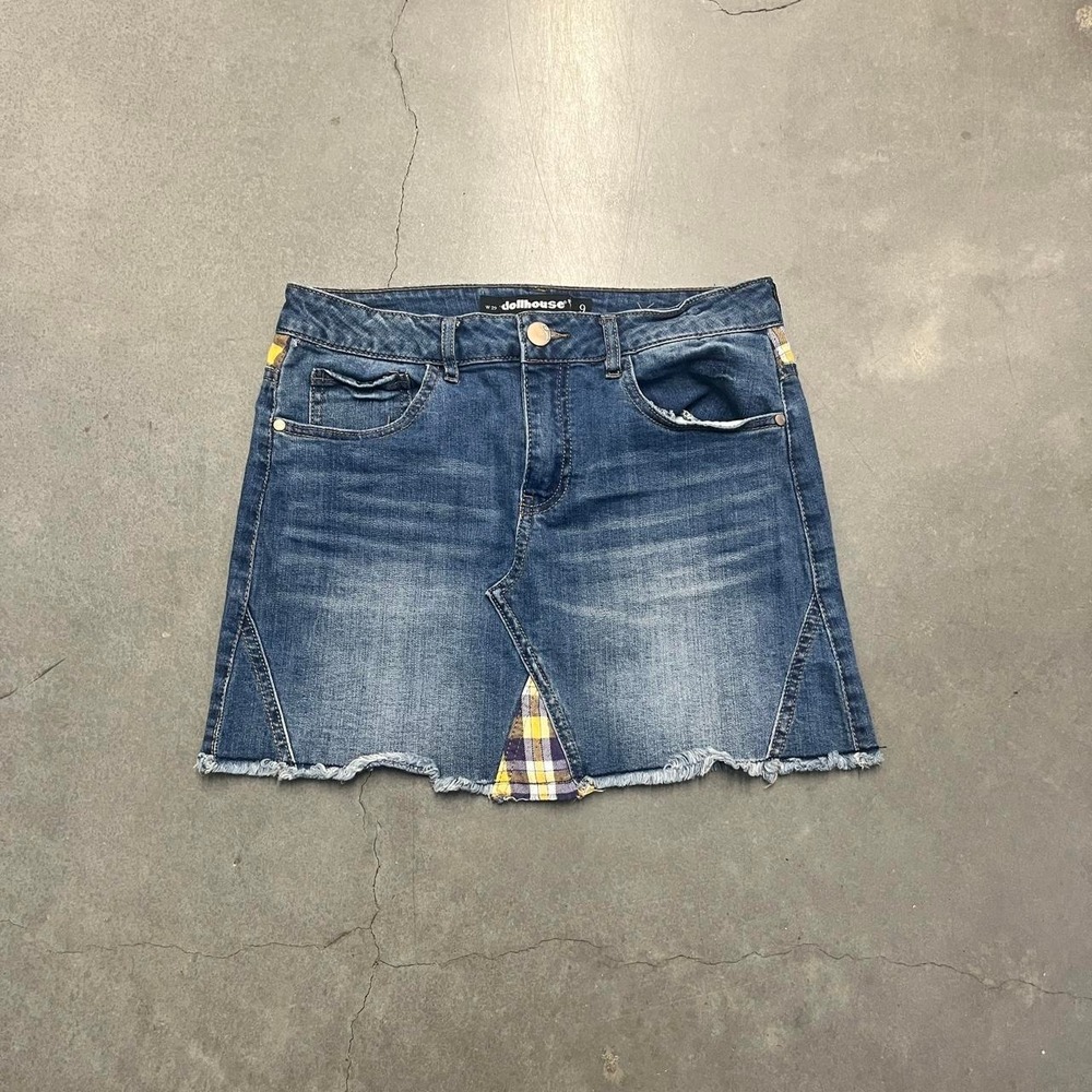 2000s dollhouse denim miniskirt w plaid detail
